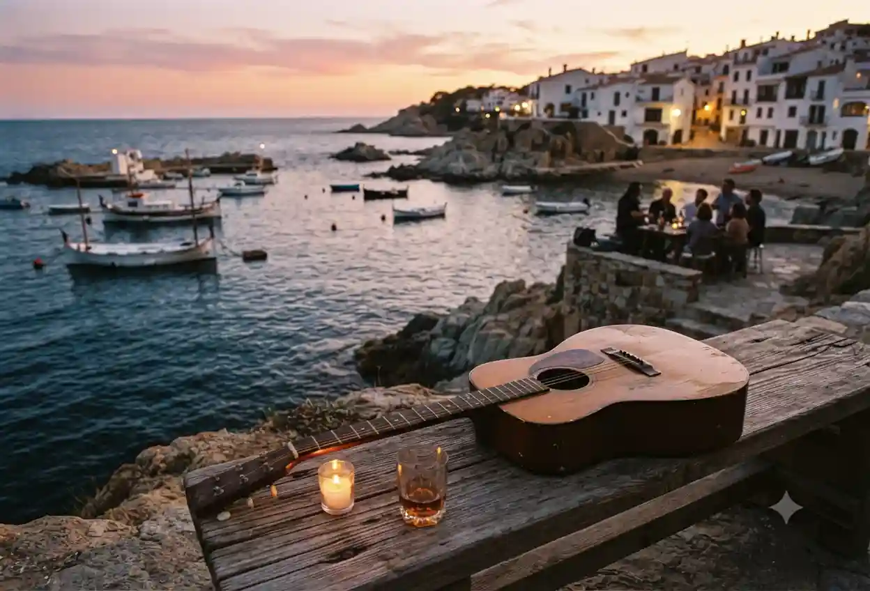 Imatge d'una cala amb una guitarra, un got de cremat i un grupet de gent a la platja, per l'entrada Història integral de L'Havanera a Catalunya