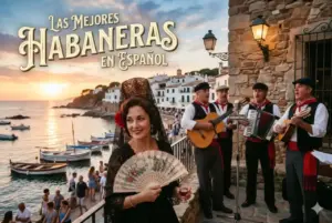 Imagen de una típica cantada de habaneras, con un grupo de cantores y una mujer con abanico, para el post Mejores habaneras en español
